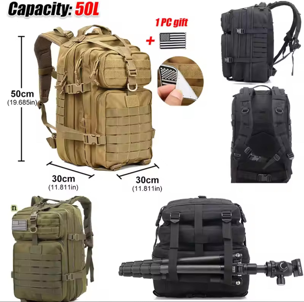 Mochila Táctica Militar Impermeable de 50 Litros para Viaje y Senderismo